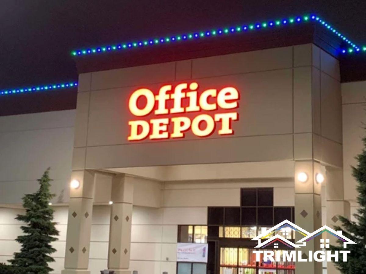 Permanent LED lights along the roofline of a retail storefront