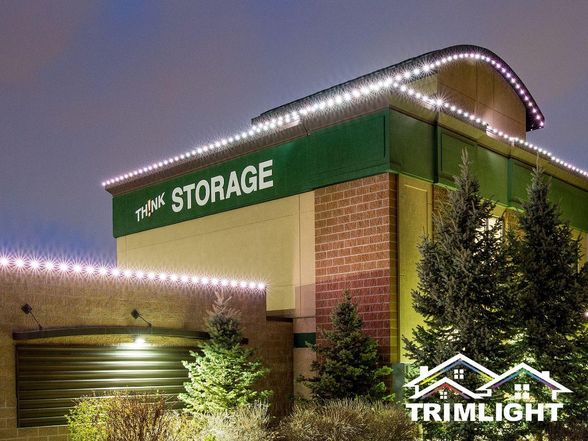 Permanent LED lights outlining a storage business building