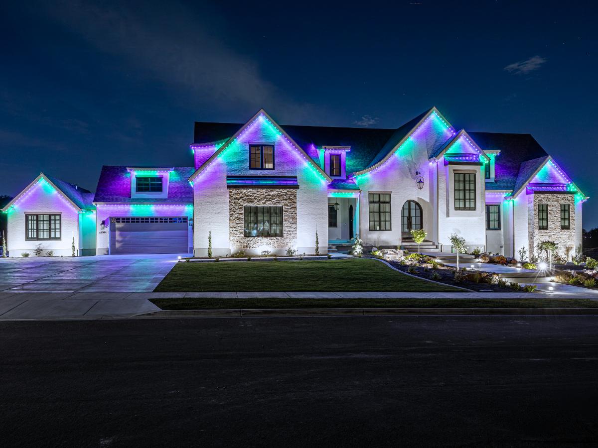 Blue, green and purple permanent lights on a large estate