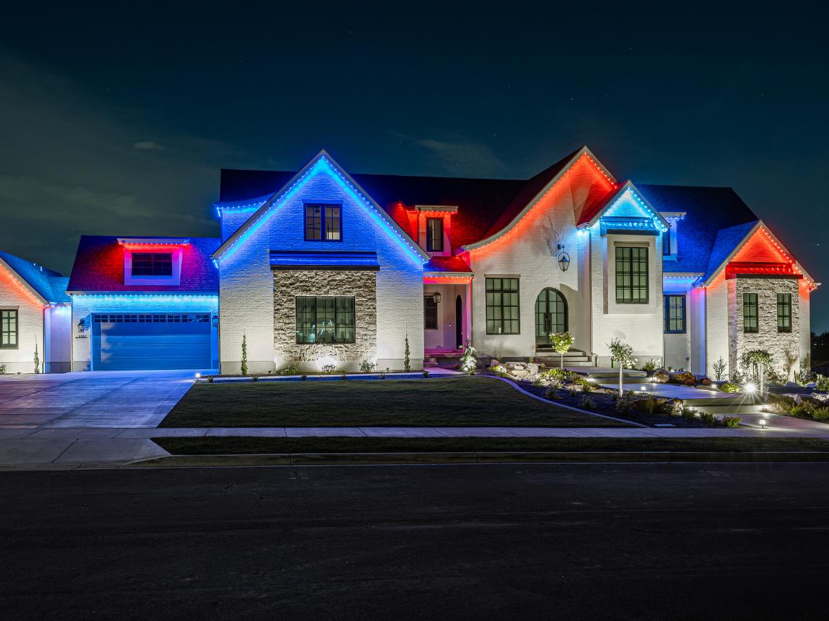 Red, white and blue permanent house lights for the Fourth of July