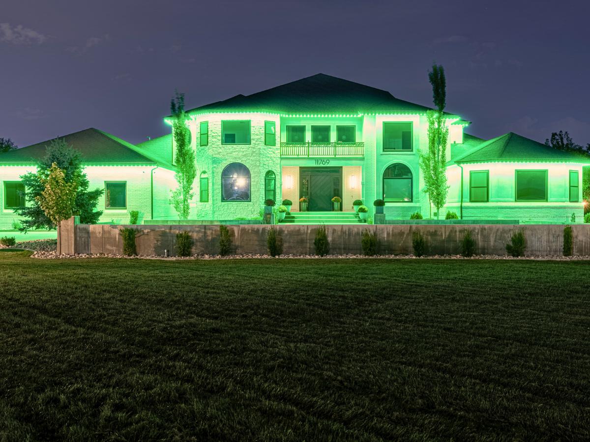 All-green permanent LED house lights on a large estate